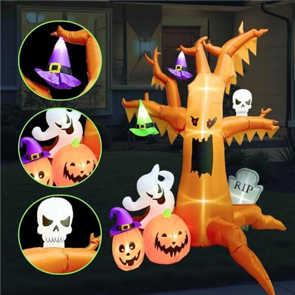 8 ft Halloween Inflatable Spooky Tree, with Ghosts Pumpkins Skull and Tombstone - Picture 3 of 7